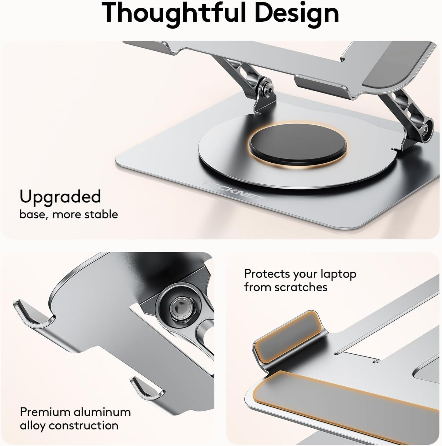 TECKNET Laptop Stand for Desk, 360 Rotating Base, Ergonomic Foldable Computer Stand for Laptop Riser Height Adjustable, Compatible with MacBook Pro, All Laptops 10-17" - Silver