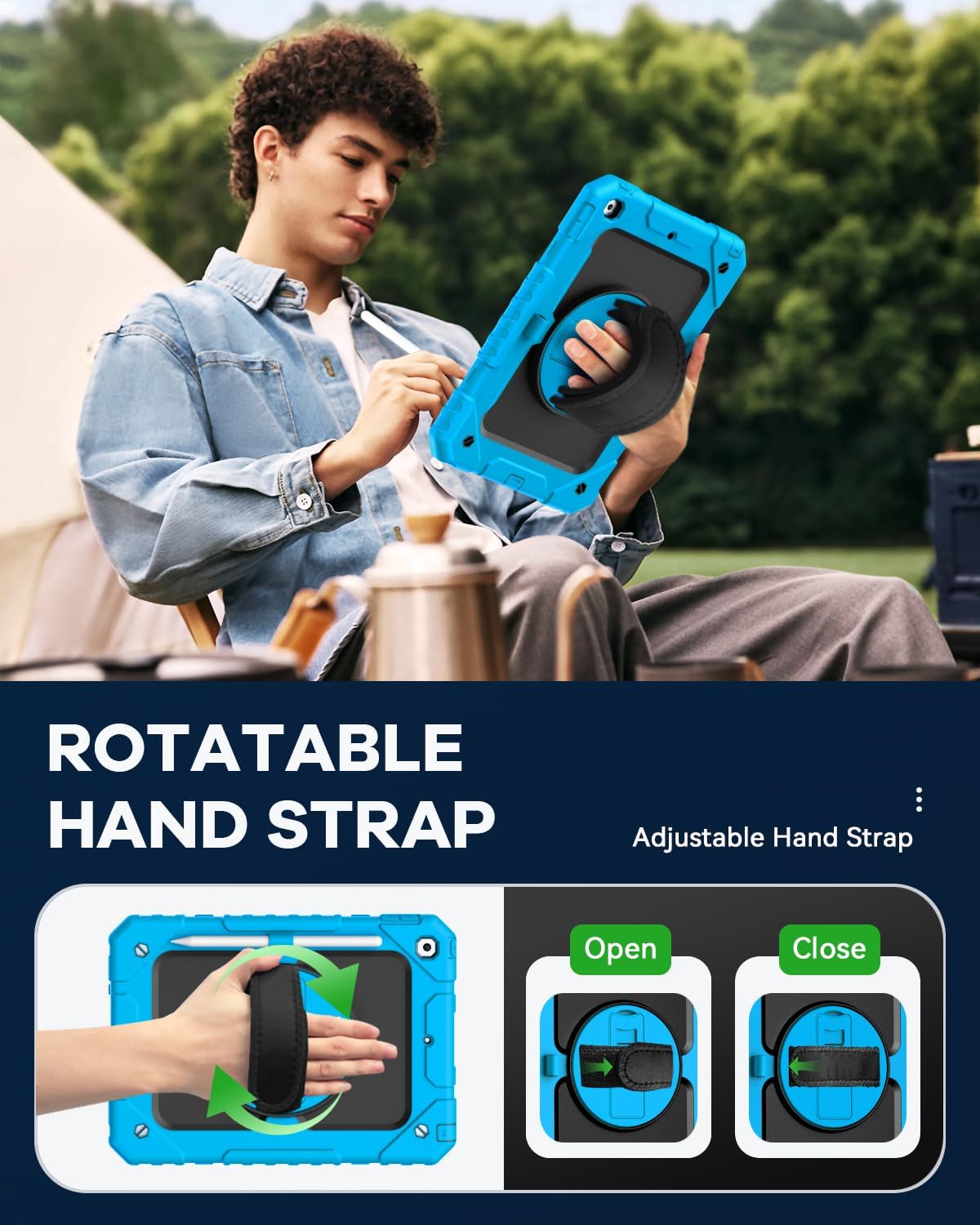 Cantis Case for iPad 9th/8th/7th Generation with Screen Protector, iPad 10.2 Case 2021/2020/2019 with 360 Degree Rotating Stand/Shoulder Strap/Pencil Holder, Blue