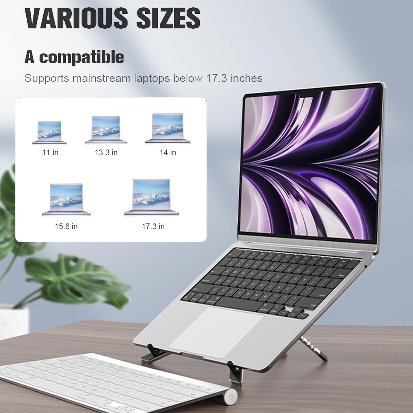 Junfire Foldable Laptop Stand for 17.3 inch, Aluminum Stable Ergonomic Laptop Riser with 6-Levels Height Adjustment, Fits with MacBook Air, MacBook Pro, HP, Dell, Lenovo (Up to 17.3'')-Sliver