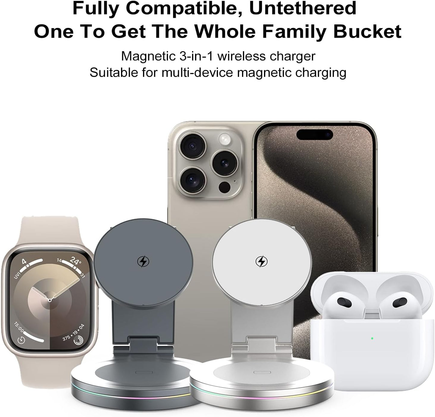 Foldable 360º Rotatable Zinc Alloy 3-in-1 Magnetic Wireless Charger,3 in 1 Charging Station,Charging Stand,15W for iPhone 12-16,5W for Apple Watches, AirPods (Adapter Included) (Gray)