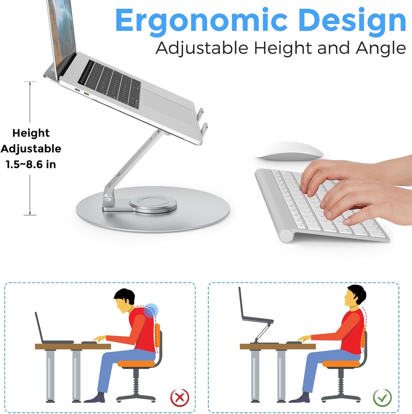 Swivel Laptop Stand for Desk, Adjustable Height Aluminum Computer Stand with 360 Rotating Base, Foldable Ergonomic Riser, Portable Laptop Holder Compatible with MacBook, All Laptops 10-17'', Chrome