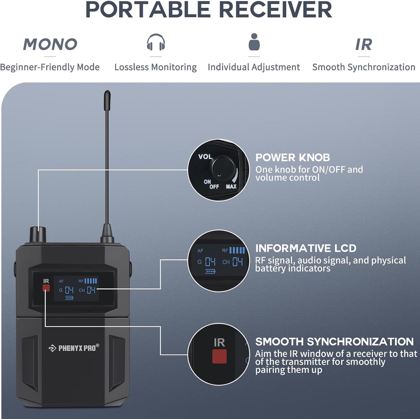 Phenyx Pro PTM-11/PTM-22 Mono Wireless in Ear Monitor System Bodypack Receiver, Performance with Adjustable Frequencies