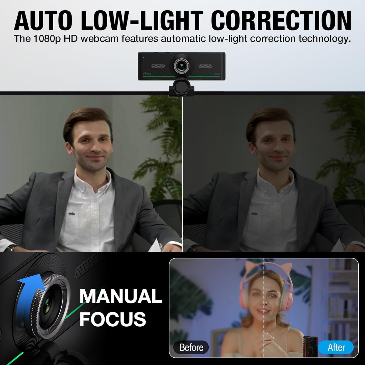 1080P Webcam with Mics, Auto Light Correction, USB Plug&Play, Privacy Cover, Computer Webcam Connect Bluetooth Headset/Earphone/Speaker, Full HD for Business Meetings & Live Streaming