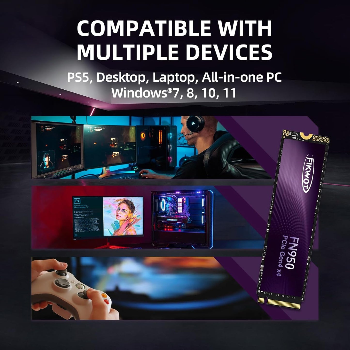 FN950 2TB NVMe SSD M.2 2280 PCIe Gen4x4, Up to 4800MB/s, Internal Solid State Drive, Configure SLC Cache, Storage and Memory Expansion for PS5 Laptop Desktop