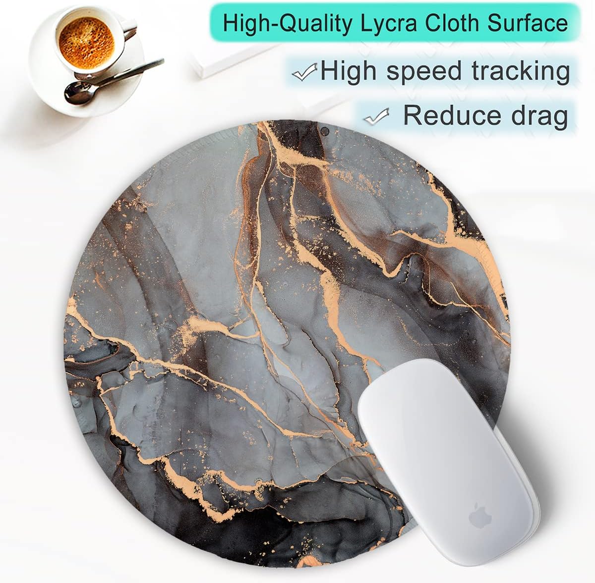 ITNRSIIET Round Mouse Pad with Stitched Edge Premium-Textured Waterproof Non-Slip Rubber Base Desktop Protection Mat Diameter 8.7 inches, Black Grey Marble