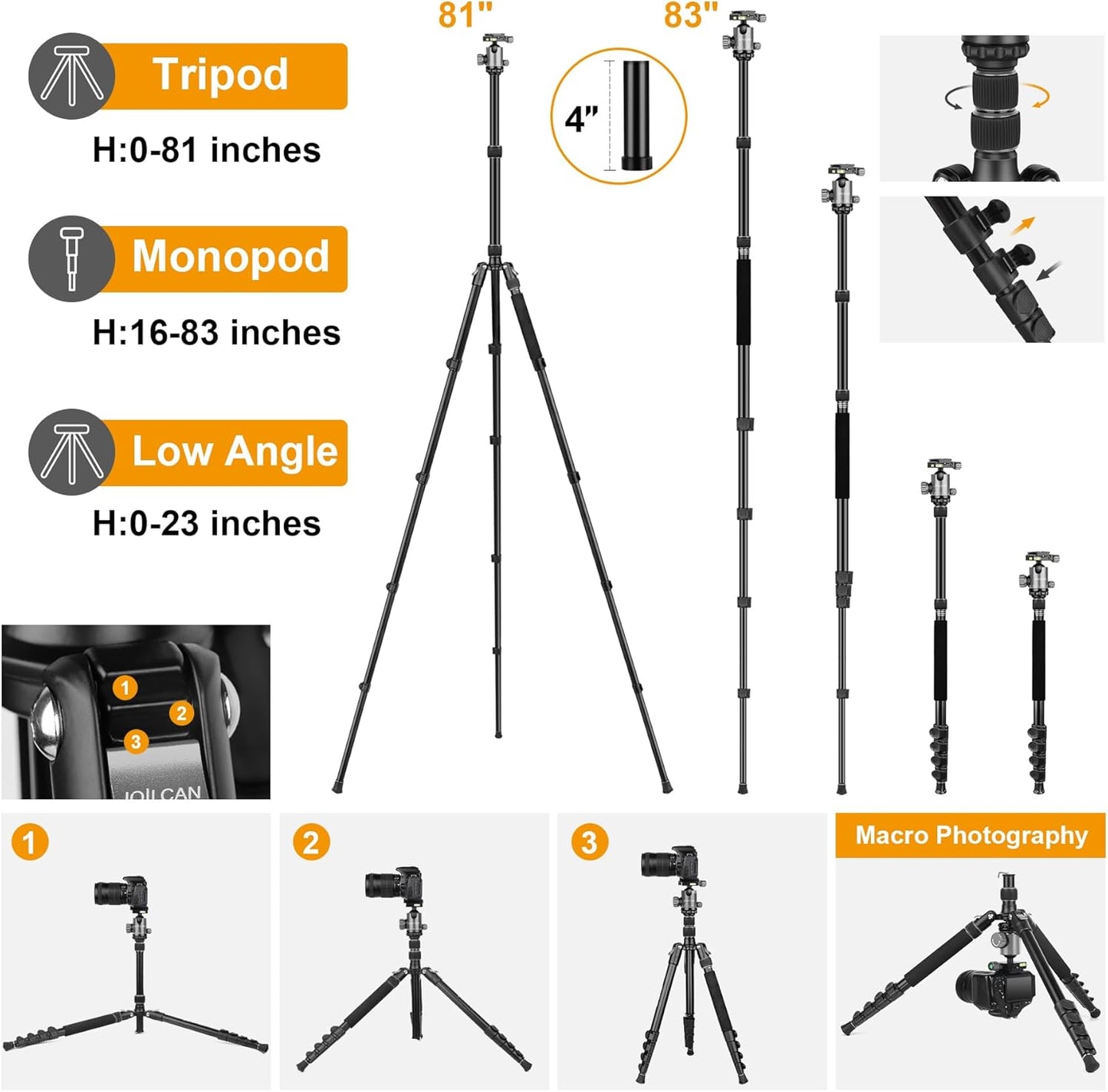 JOILCAN Tripod for Camera, 81" Aluminum Camera Tripod Monopod, Heavy Duty Travel Tripods for Spotting Scope Binoculars Laser Level, Payload 35Lb