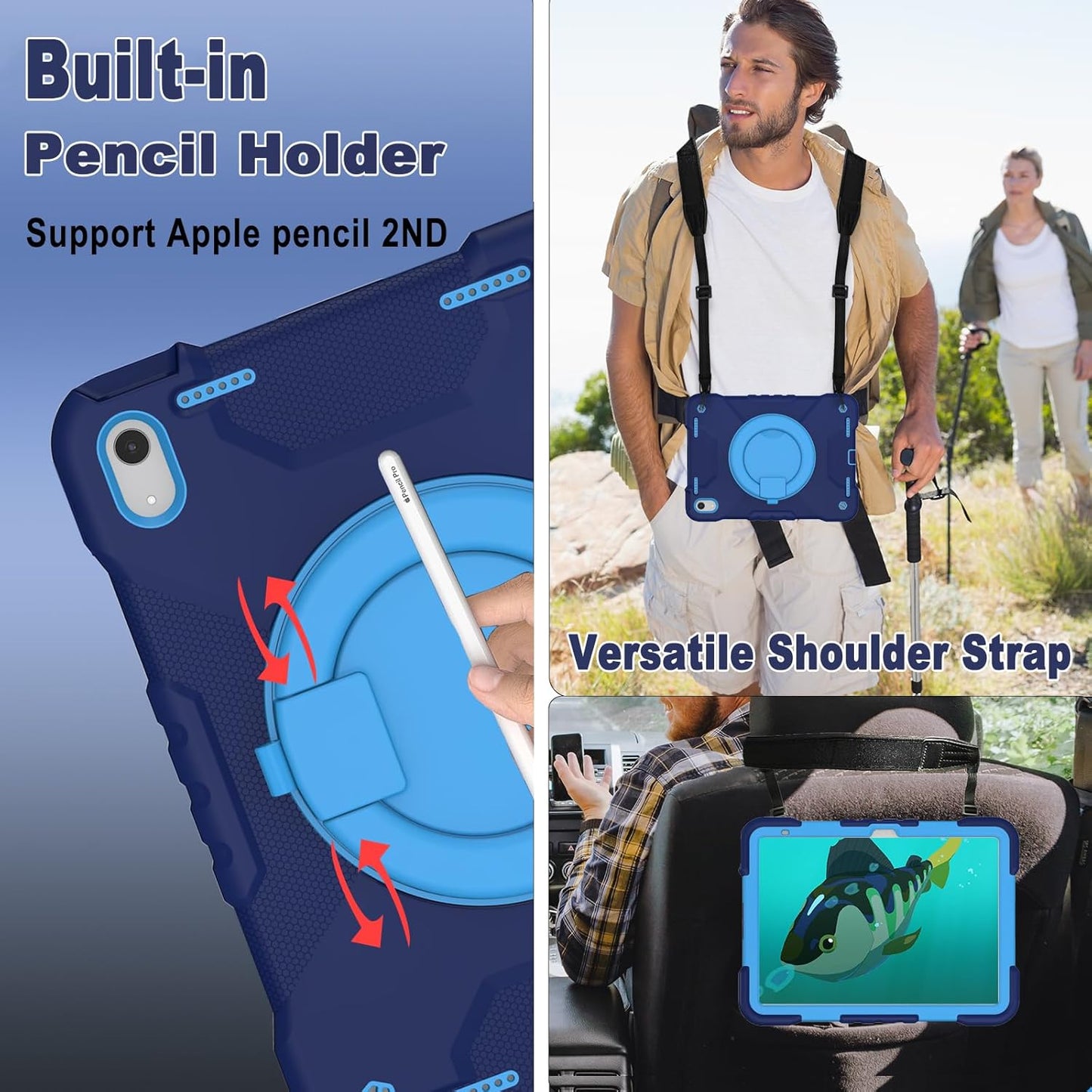 Case for iPad (A16) 11th Generation 11 inch 2025/10th Generation 10.9 inch 2022, Heavy Duty Shockproof Kids Protection Cover with Pencil Holder/360° Rotating Stand/Handle/Shoulder Strap, Navy Blue