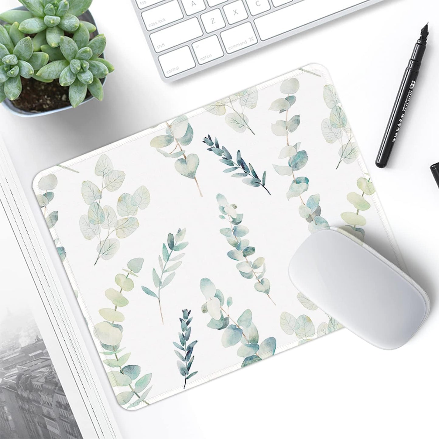 ITNRSIIET Mouse Pad with Stitched Edge Premium Textured Smooth Precise Operation Waterproof Washable Non-Slip Rubber Base Desktop Protection Mat, 10.2×8.3×0.12 inches, Eucalyptus Branches