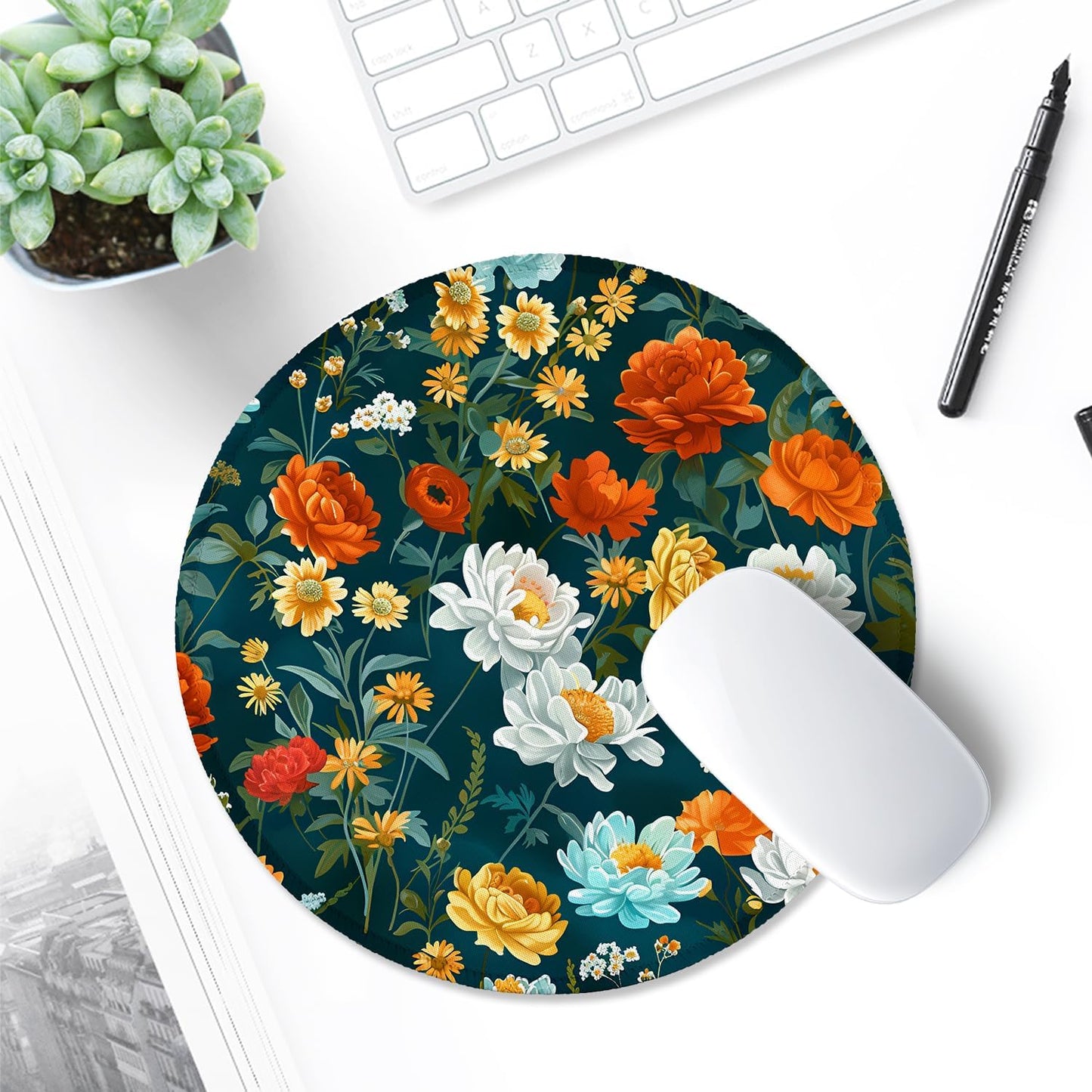 ITNRSIIET Round Mouse Pad with Stitched Edge Premium-Textured Waterproof Non-Slip Rubber Base Desktop Protection Mat Diameter 8.7 inches, Beautiful Flowers