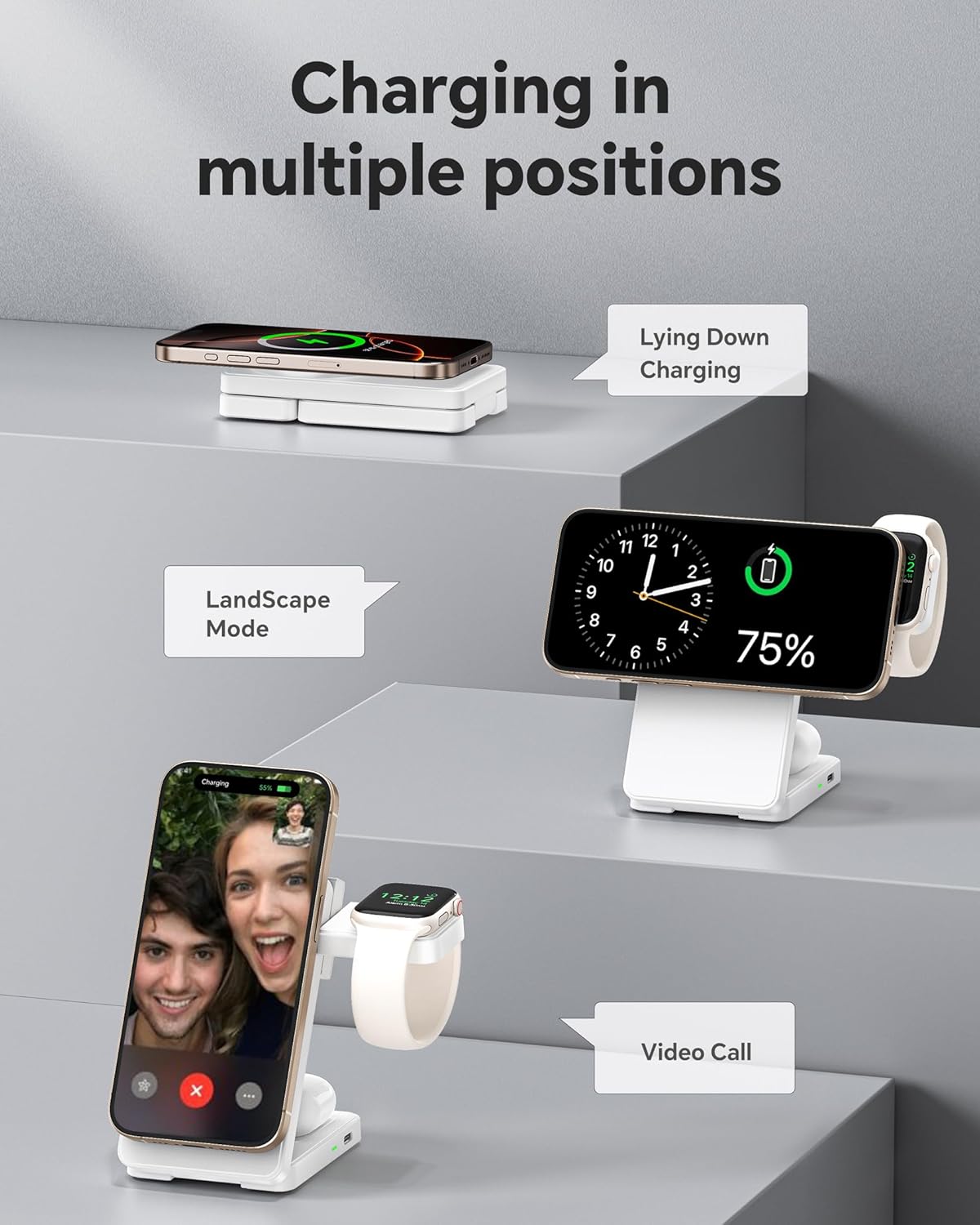 3 in 1 Charging Station for iPhone 16/15/14/13/12 Series, Wireless Charger for Apple Watch,Travel Magnetic Charging Stand for AirPods (White)