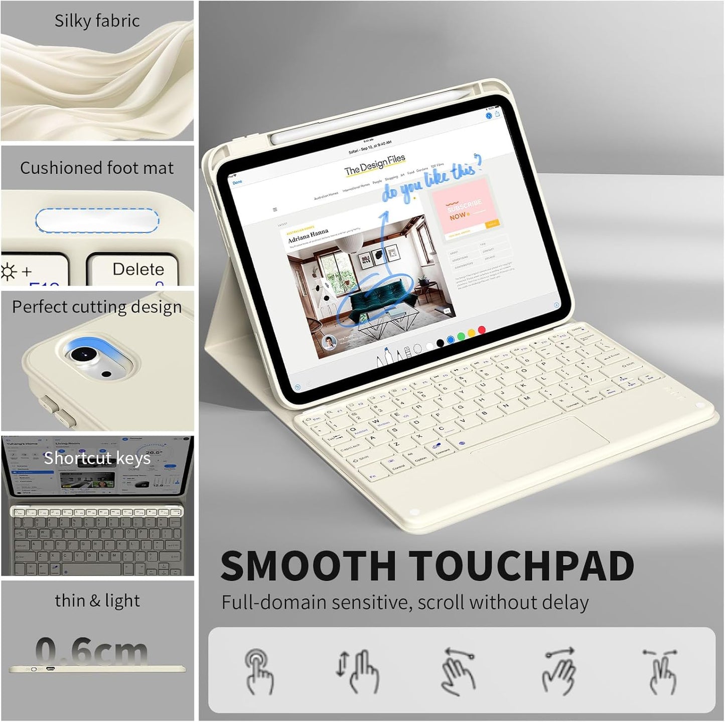 JKSML for iPad(A16) 11th/10th Generation Case with Keyboard (11/10.9 inch) 2025/2022, Wireless Detachable Bluetooth Cover with Trackpad, Flip Stand Case Thin with Pencil Holder, Cream White