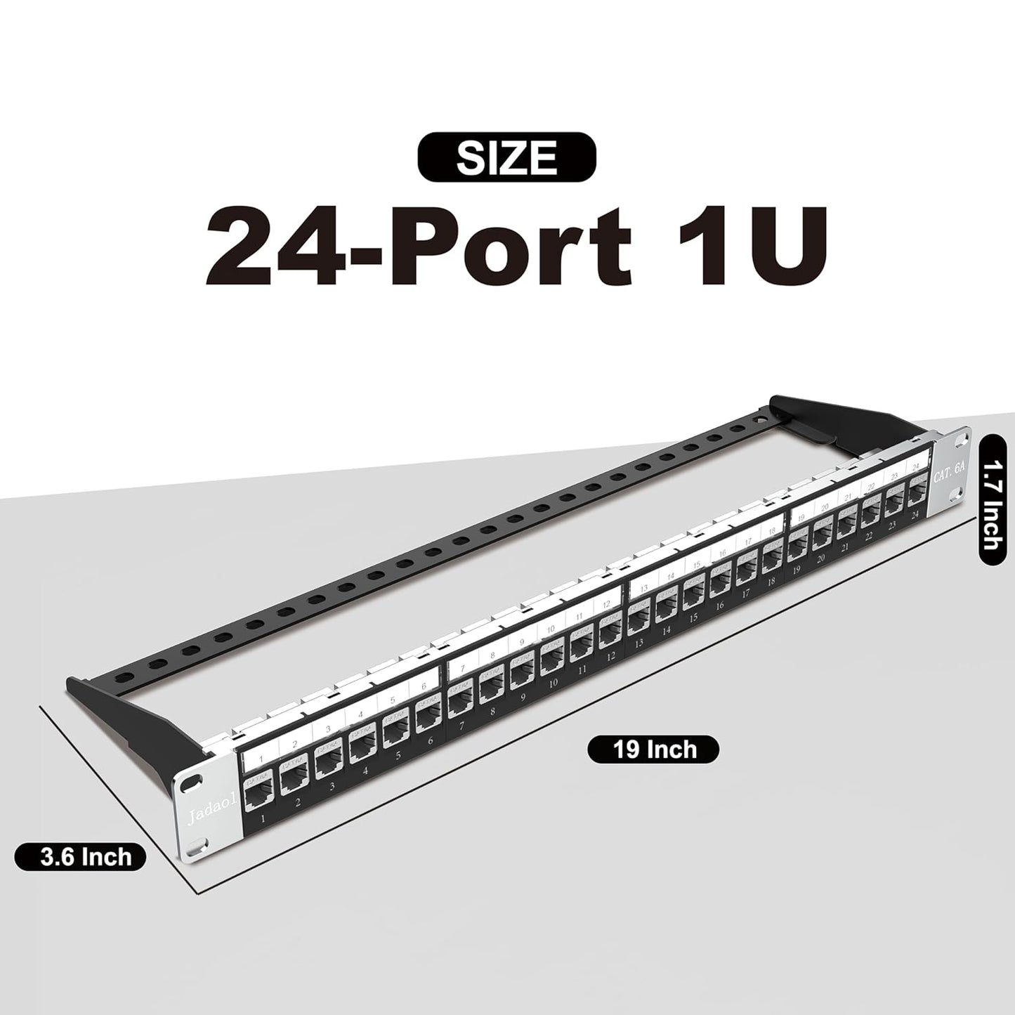 Jadaol 24 Port Shielded Patch Panel Rack or Wall Mount 19-Inch, 1U Cat6A Network Panel Preloaded with 24 Keystone Couplers Plus 1 Spare, 10Gbps Ethernet Panel with Cable Management & Back Support Bar