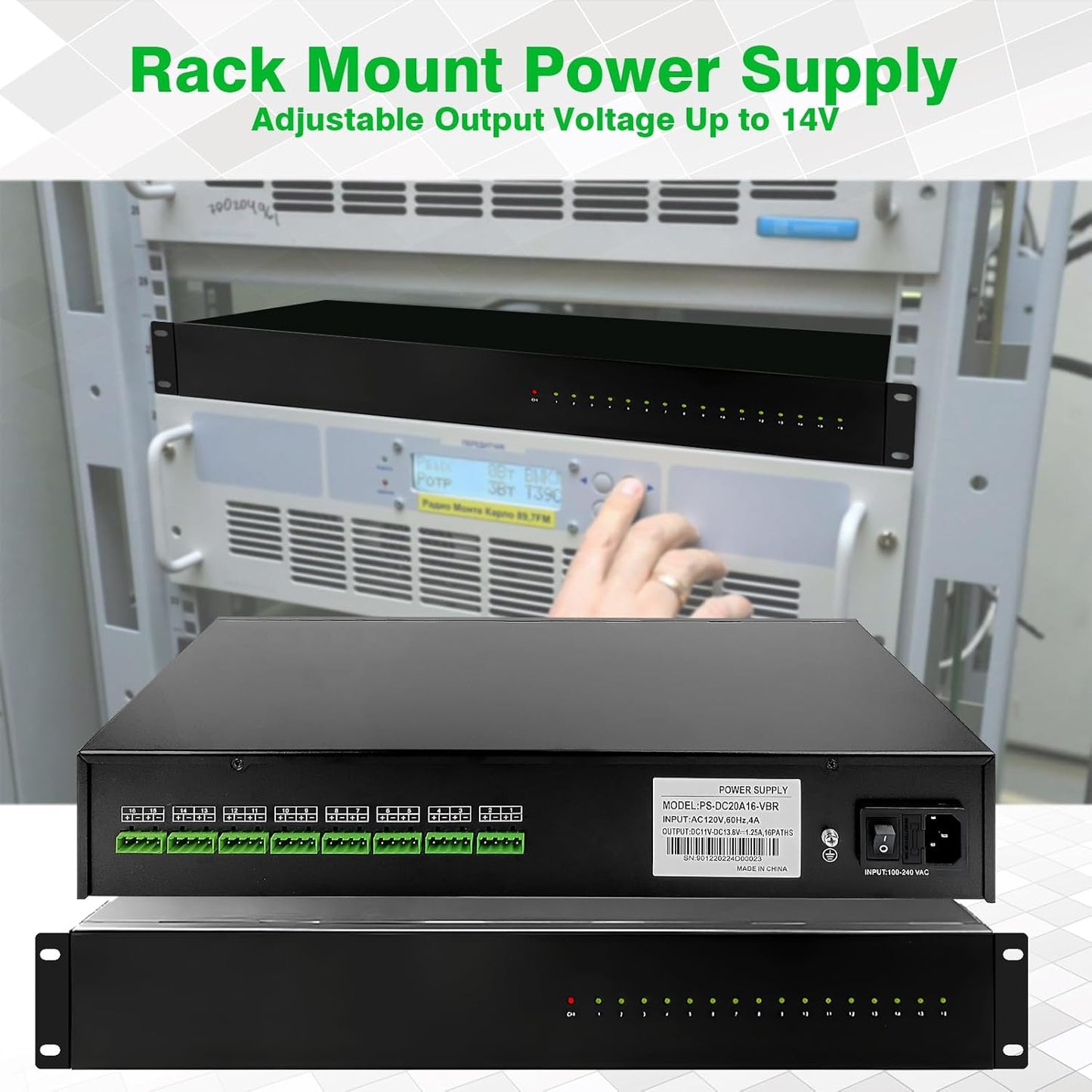 DC 16 Channel VBR CCTV 12V 20A Distributed Power Supply Rack Mount, PTC Reset Fuse,(UPS) Uninterruptible Power Supply System Function,Adjustable Output Voltage,for Security Cameras, DVR,NVR