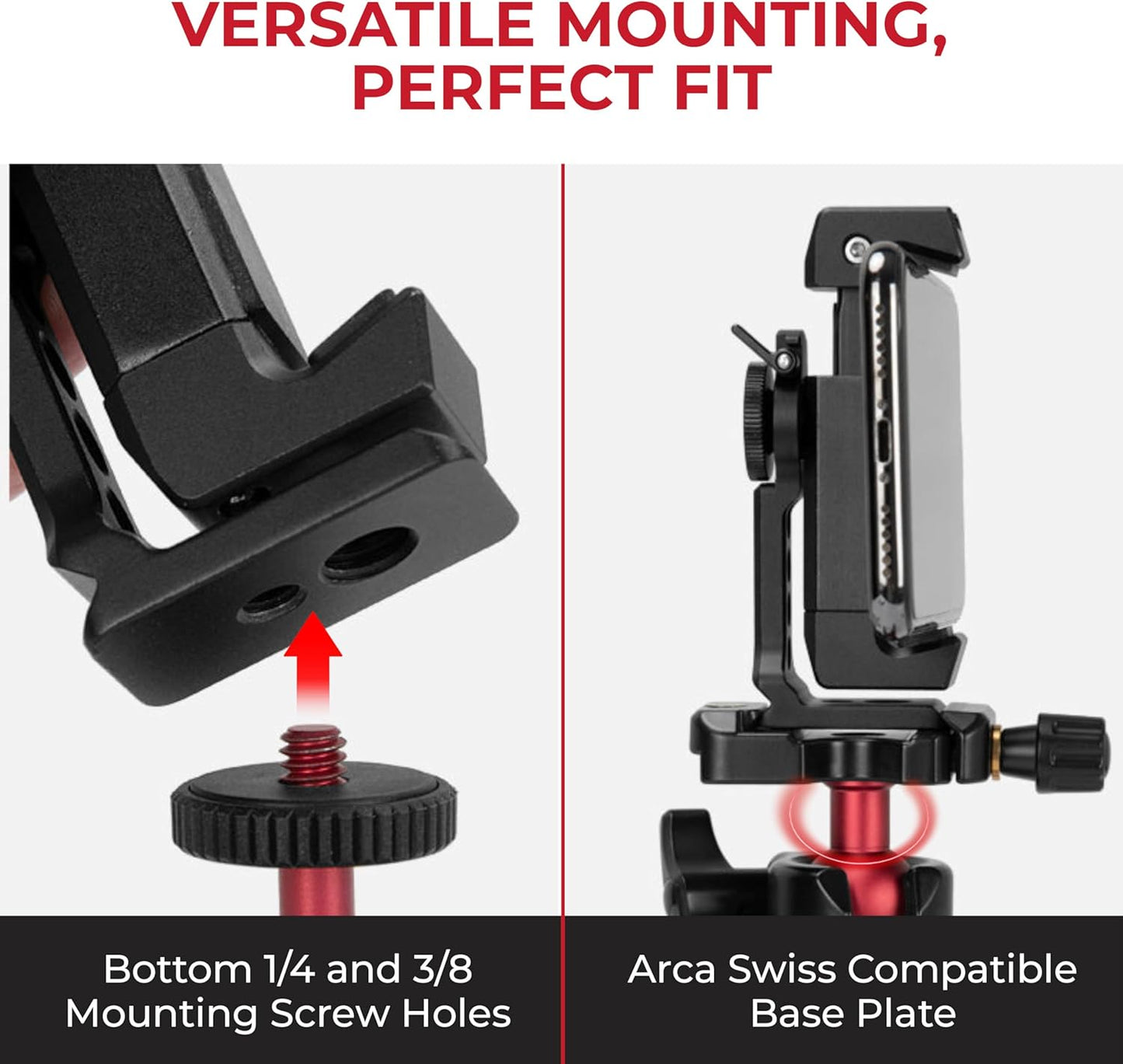 REFLEX CAMERA Metal Mobile Phone Tripod Mount, 360° Rotatable with Cold Shoe Mount, Universal Smartphone Attachment Clamp, 1/4" & 3/8" Mounting Screw Holes, Arca Swiss compatible Base Plate for iPhone