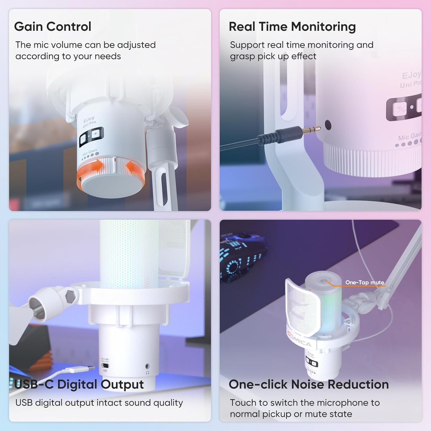 Comica EJoy Uni Pro Wireless USB Condenser Gaming for PC, PS4, PS5, USB C Phone and Mac, Boom Arm RGB Computer Mic for Twitch, Streaming, Podcasting, Noise Cancellation Mic with Mute, Gain, Monitoring