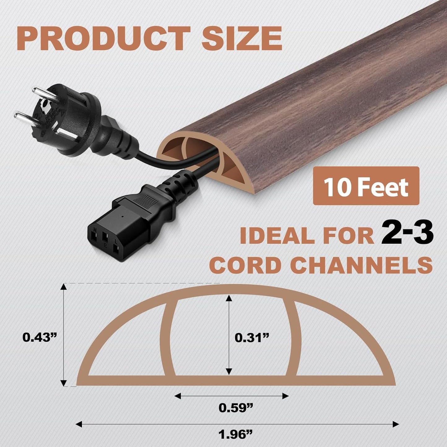 Floor Cord Cover for Wires on Floor Self Adhesive Cord Hider Floor Cable Management Wire Covers for Cords Protector Prevent Cable Trips Cord Cavity W 0.59" x H 0.31", Grayish Brown Wood, 10Ft
