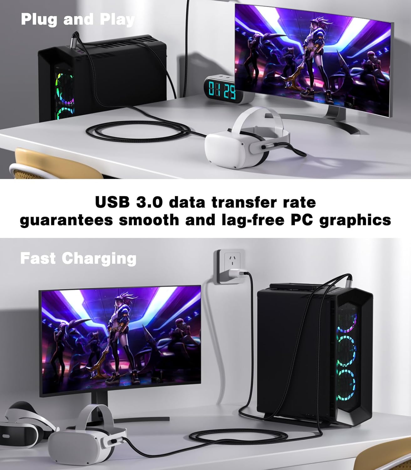 16FT VR Charging Link Cable | USB 3.0 High-Speed Data & Charge for Meta Quest 3S/3/2/Pro, Pico 4 and PC/SteamVR USB-C Charger Cord for VR Headset - Gray