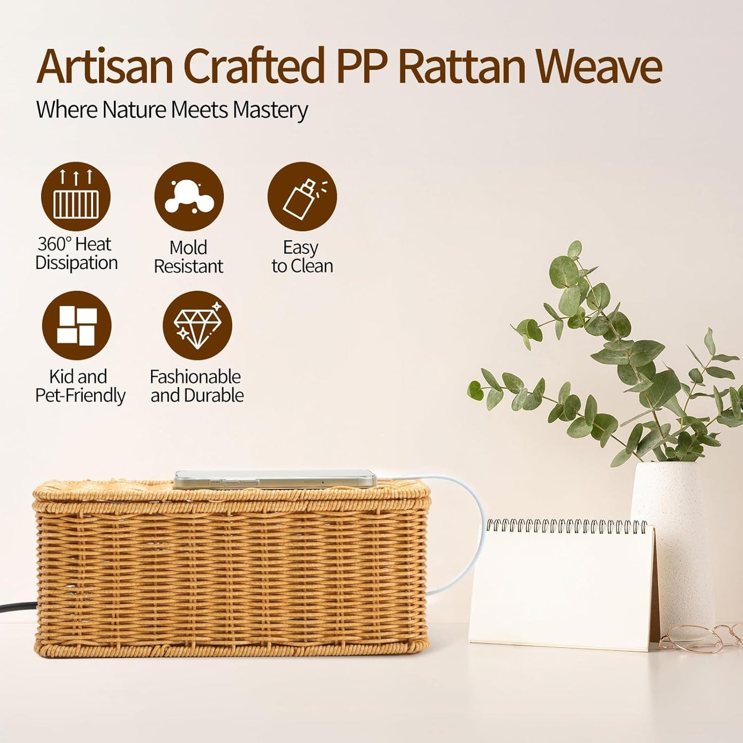 Delamu Handmade Rattan Cable Management Box, Cord Organizer with 2 Open Slots, Desk Cord Box Hider for Computer Router USB Hub Power Strip, 12.5" Lx 5.1" Wx 5.1" H, Natural