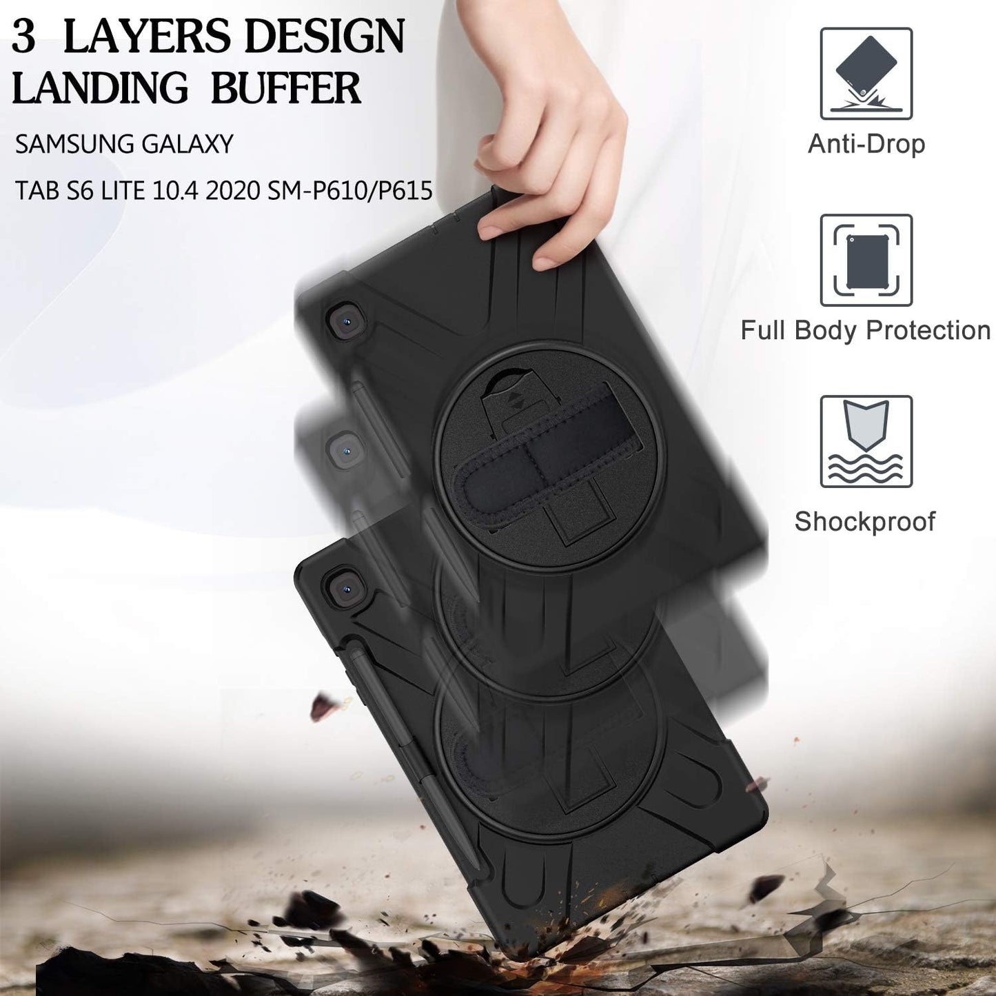 BRAECN for Samsung Galaxy Tab S6 lite Case 10.4 inch 2024/2022,Rugged Shockproof Case with 360 Rotating Hand Strap&Kickstand, Shoulder Strap, S Pen Holder for Samsung Galaxy Tab S6 Lite Tablet -Black