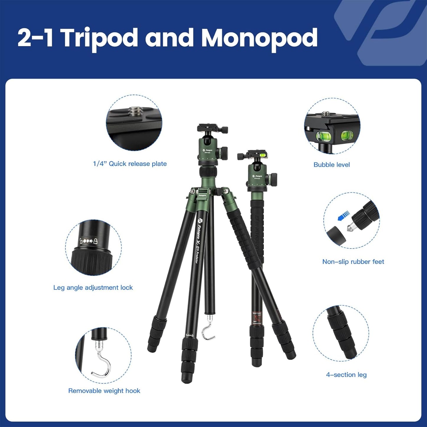 Fotopro 68" Camera Tripod for DSLR, Heavy Duty Compact Travel Tripod with Ball Head, Detachable Monopod with Quick Release Plate and Bag, Load up to 12KG/26.5lbs, Green