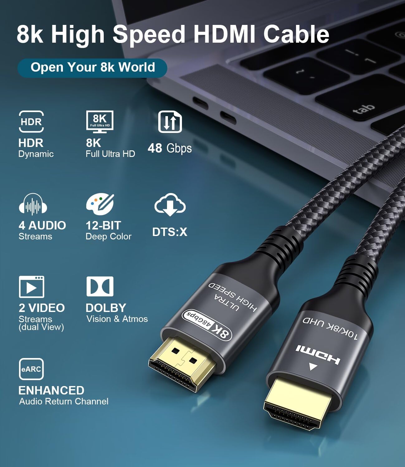 Certified 10K 8K HDMI 2.1 Cable 5 FT, 48Gbps Ultra High Speed HDMI Cable with Ethernet 4K 240Hz 165Hz 144Hz 120Hz 8K60Hz eARC HDCP2.3 HDR10+ PC Laptop TV Monitor Projector