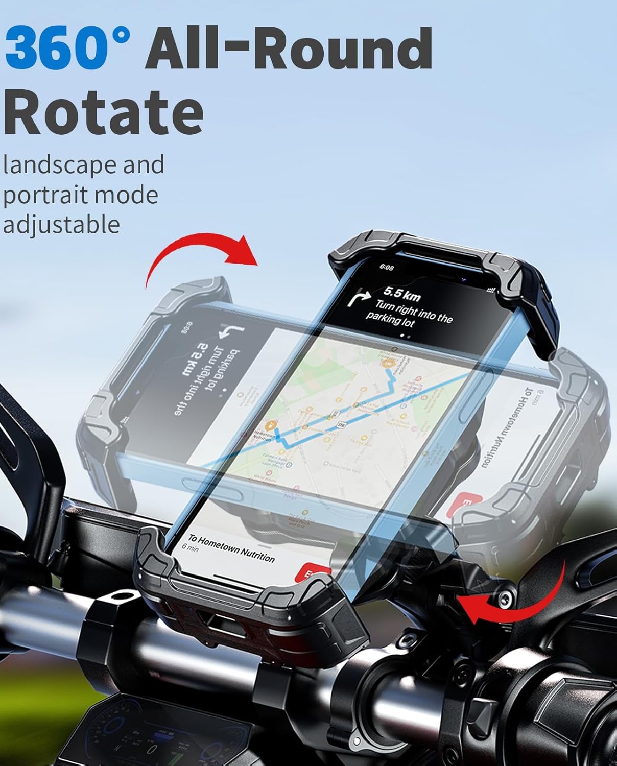 Kewig Motorcycle Phone Mount Holder with Vibration Dampener & Secure Lock, Anti-Shake Handlebar Cellphone Mount for Moto Bike Scooter ATV, Adjustable Phone Mount Fit 5.4-7.2'' Phone