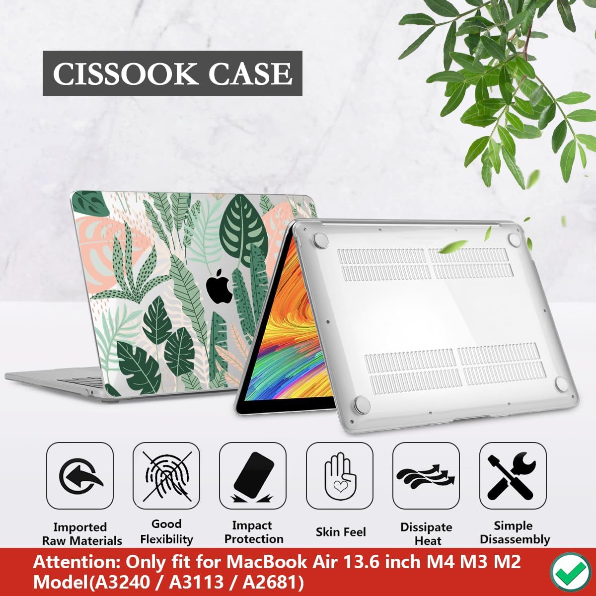 CISSOOK MacBook Air 13.6 inch Case A2681 M2 A3113 M3 with Touch ID, Tropical Palm Leaves, Hard Shell, Keyboard Cover, Screen Protector, Type C Adapter