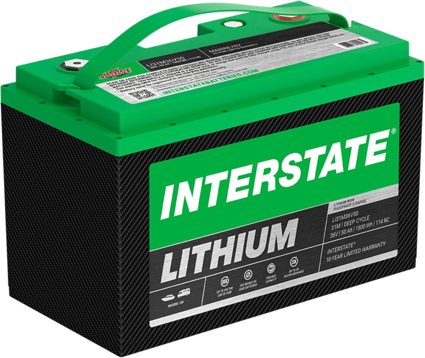 Interstate Batteries 36V 50Ah Group Size 31M Lithium Marine/RV Deep Cycle LiFePO4 Battery, Maintenance Free, Lightweight, Ideal For Boats, Trolling Motors, RV Camping, Off-Grid, Yachts (Li31M36V50)