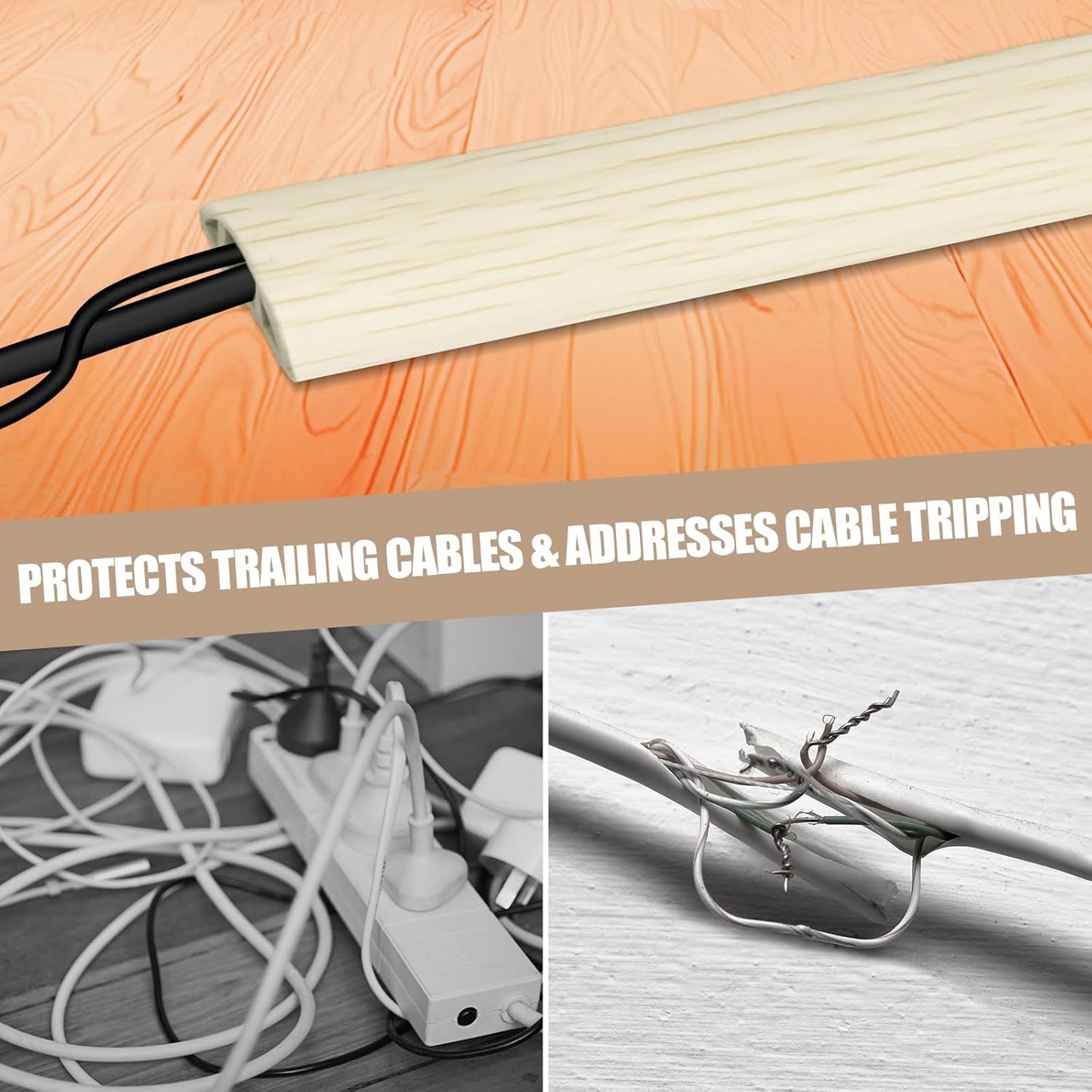 Floor Cord Cover Self Adhesive Cord Hider,10FT Cable Management, Extension Strip Protector for Wires, Prevent Cable Trips for Offices, Gyms, Exhibitions Cavity:0.3"(W) x 0.28"(H) Yellow Wood
