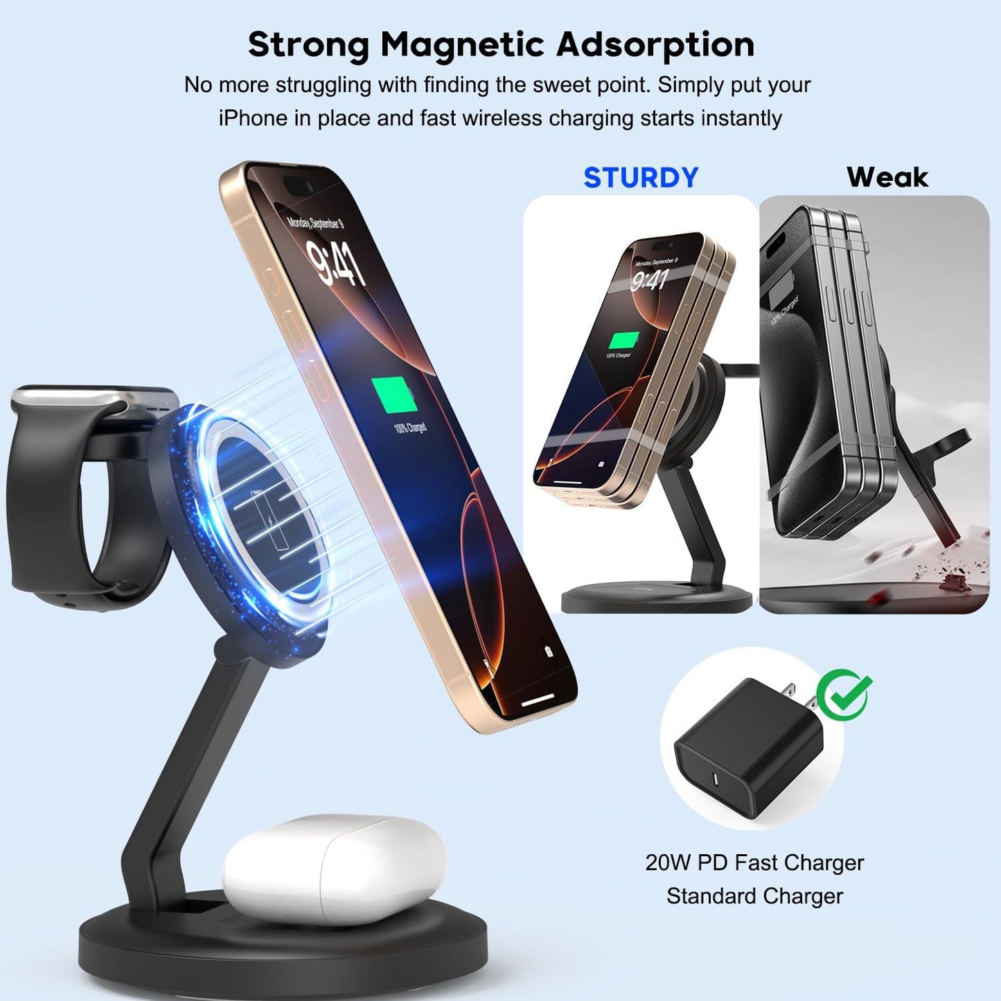 3 in 1 Foldable Wireless Charger iPhone Charging Station, 2Pack Magnetic Stand Wireless Charger Dock for Apple Multple Devices, with PD Adapter and USB C Cable for iPhone, iWatch & Airpods All Series