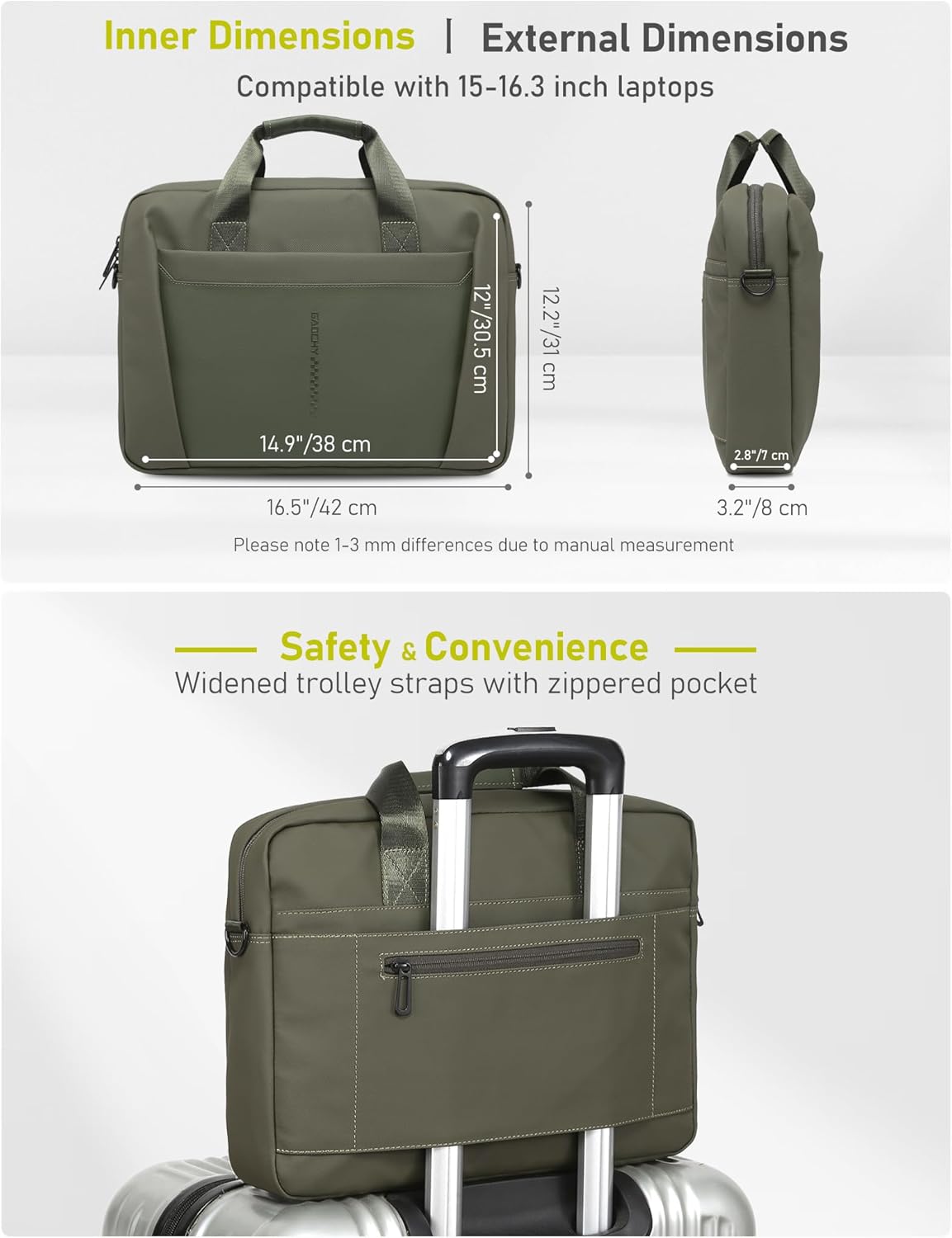 15-16 Inch Laptop Shoulder Bag Business Briefcase Water Resistant Computer Messenger Bags Compatible with MacBook Pro 16, MacBook Air 15 M4, HP, Dell, ASUS Notebook, Green