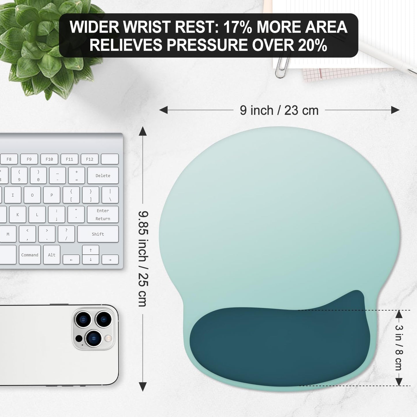 ITNRSIIET Ergonomic Mouse Pad with Wider Memory Foam Wrist Rest +17% - Curved Cushion Reduces Pressure 20%, Pain Relief, Non-Slip, Smooth, Cute Colors, 9.85 x 9 in, Light Green to White