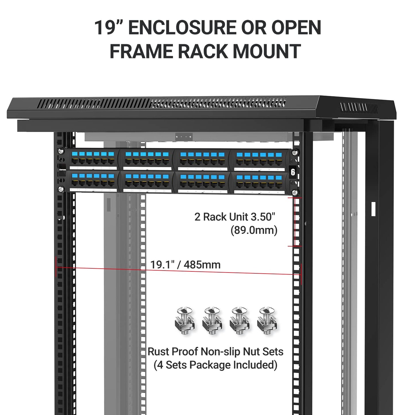 AMPCOM CAT6 48 Ports Patch Panel, Rack Mount - 2U, 19 inch, RJ45 Ethernet 568A 568B, 50u Gold Plated, with Rear Cable Management Bar