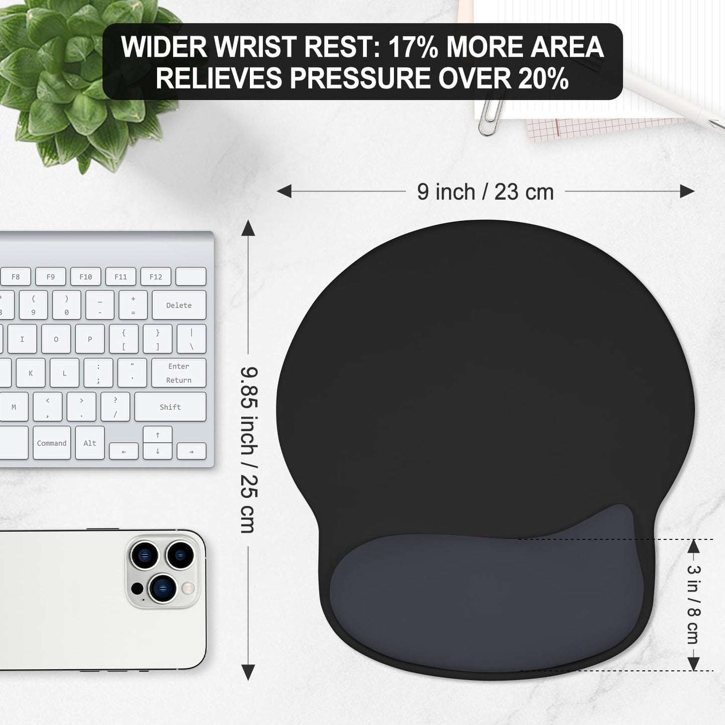 ITNRSIIET Ergonomic Mouse Pad with Wider Memory Foam Wrist Rest +17%, Curved Cushion Reduces Pressure 20%, Pain Relief, Non-Slip, Smooth, Cute Color Desk Accessory, 9.85 x 9 inch, Black Gray Gradient