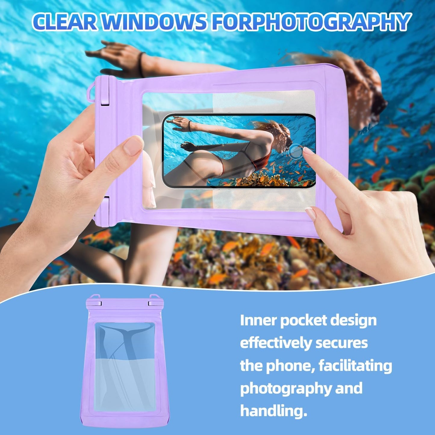 2L Floating Waterproof Phone Pouch for Up to 7.5", Large Space Adjustable Neck Lanyard Waterproof Bag. Dry Bag for Family Vacations, Beach, Pools, Kayaking, Cruises (Purple)