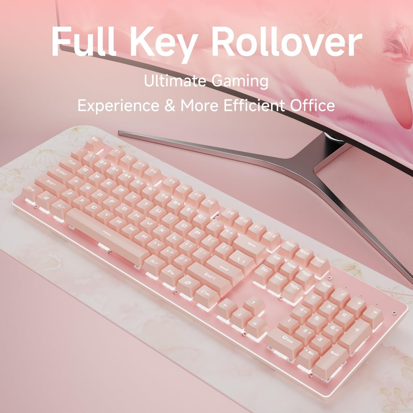 EWEADN TK100 Typewriter Keyboard Wired Mechanical Keyboard, 104 Keys Aesthetic Typewriter Keyboards with White Backlit, Anti-Ghosting, Blue Switch Wired Cute Keyboards-Pink