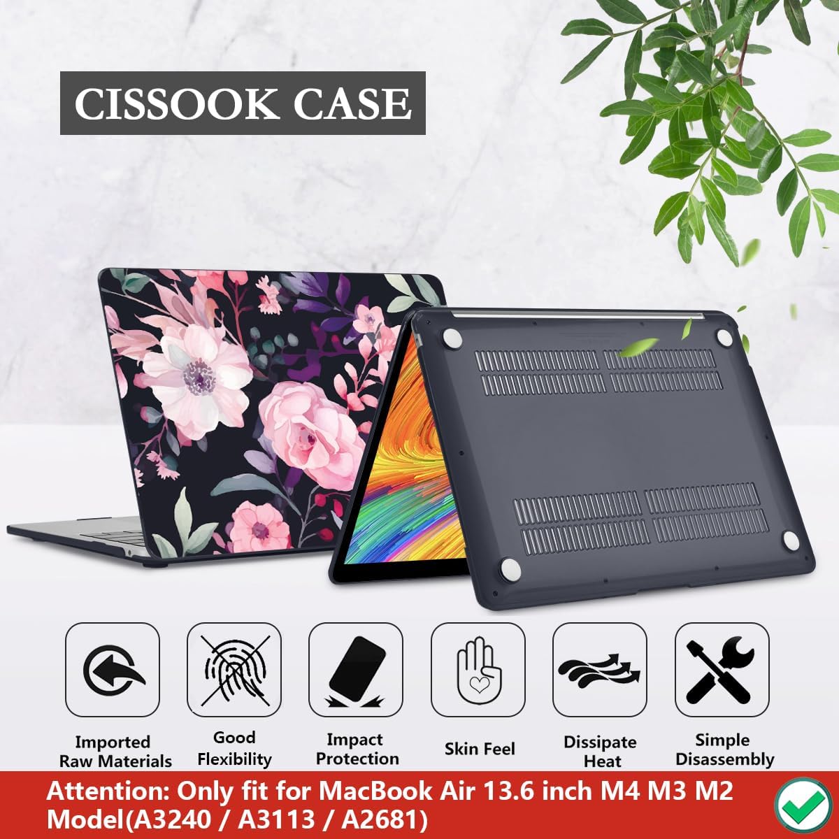 CISSOOK Compatible with MacBook Air 13.6 inch Case 2025 2024 2022 Release Model A3240 A3113 A2681, Flower Plastic Hard Shell Case Black Cover for MacBook Air 13 inch M2 M3 M4 - Pink Flowers