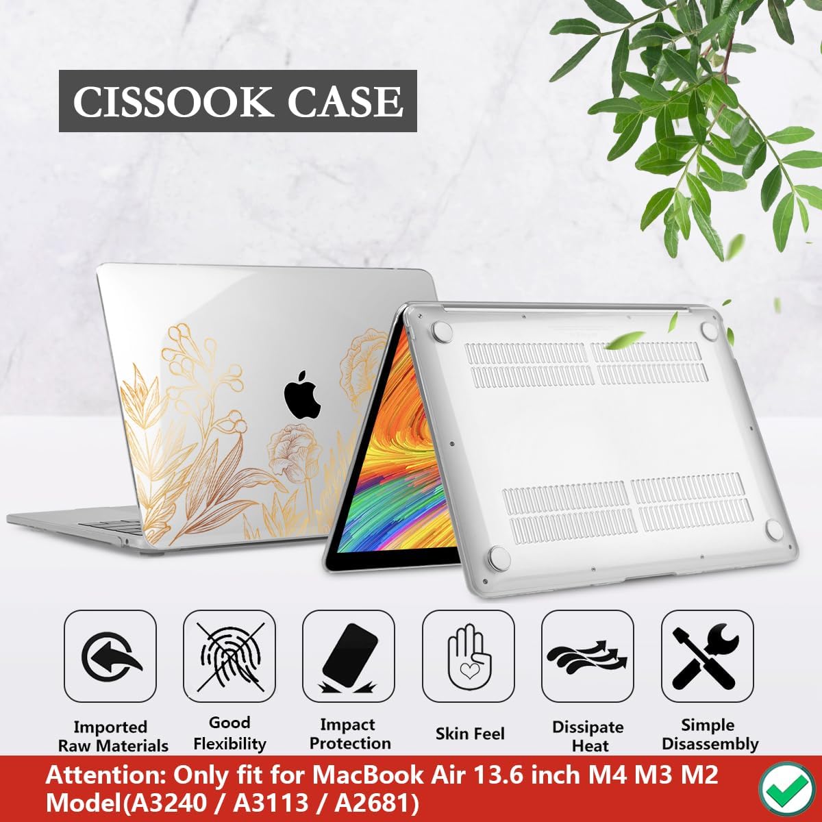 CISSOOK for MacBook Air 13.6 inch Case A3240 A2681 A3113 Release 2022 2023 2024 2025, Plastic Hard Shell Case Keyboard Cover for MacBook Air 13 inch M2 M3 M4, Gold Floral Blossom