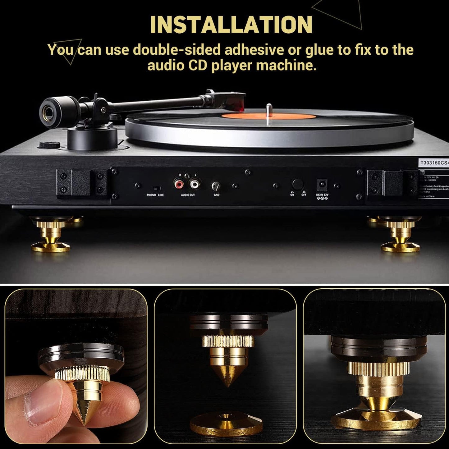 Facmogu 4PCS Golden Speaker Isolation Spikes with Plated Speaker Spikes Pads Mat, Speaker Spikes & Speaker Spike Pad Kit with Double-Sided Adhesive for Subwoofer CD DVD Player Audio Amplifier Recorder