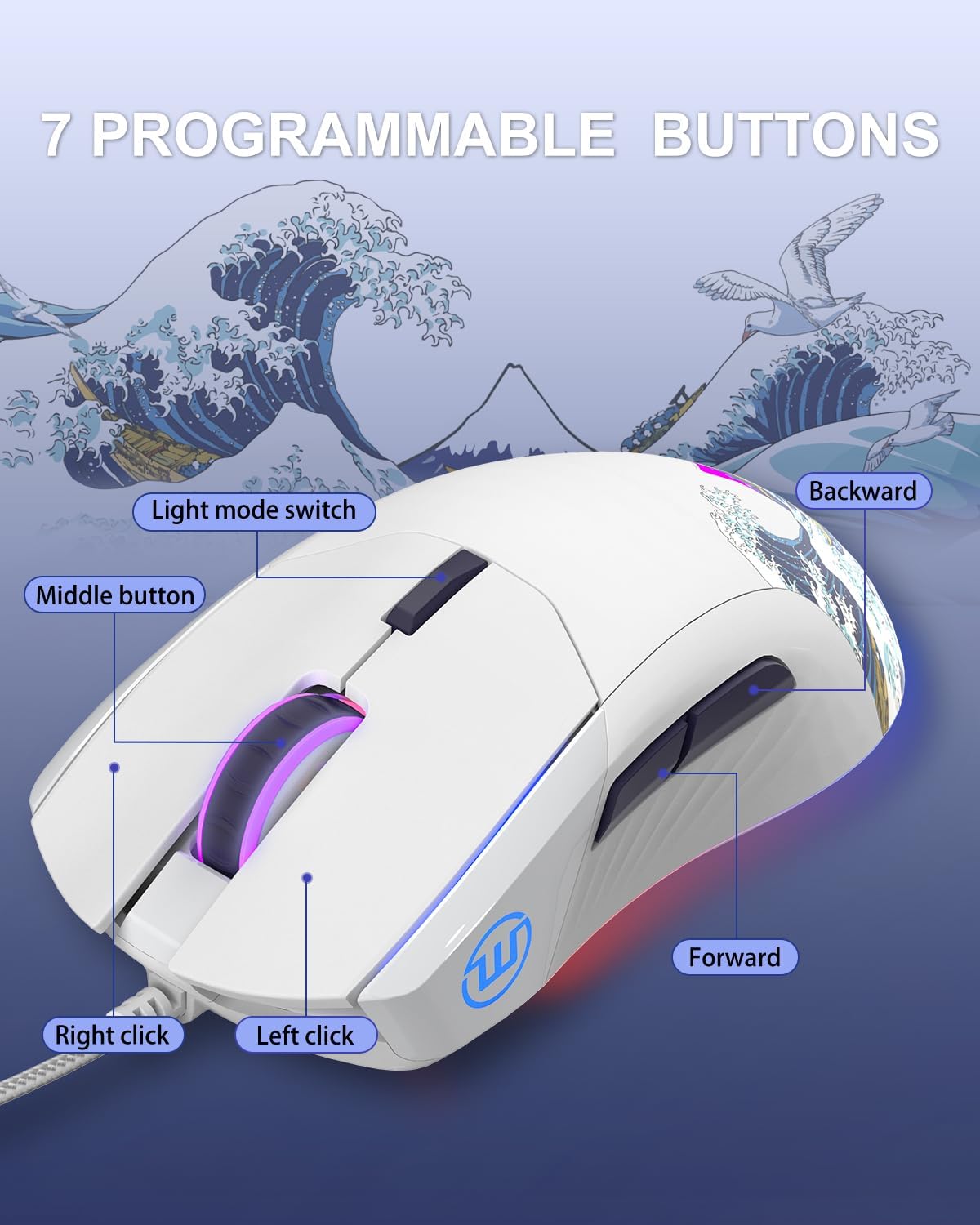 COSTOM Womier G705 USB Wired Gaming Mouse for PC Computer Windows Mac Laptop, Lightweight Silent RGB Backlit Mouse with Adjustable 12000DPI/7 Programmable Side Buttons,White Kanagawa Theme