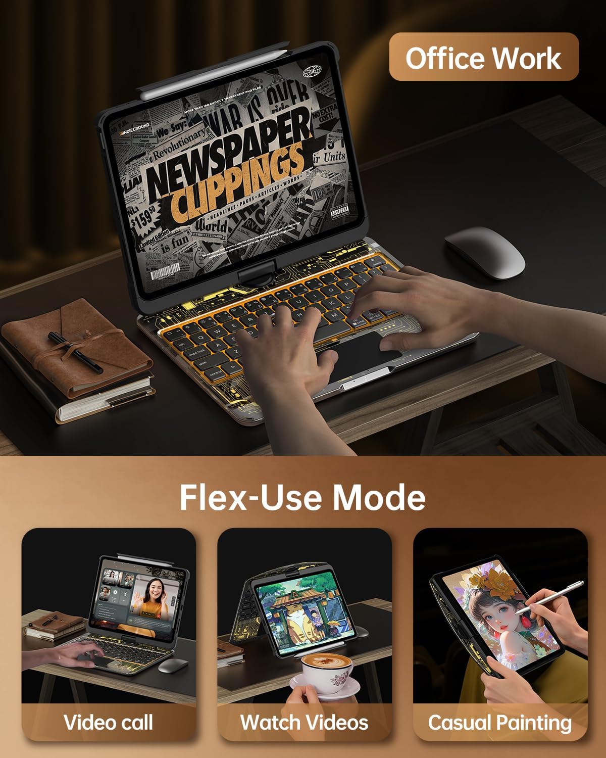 Intermerge Clear Keyboard Case for iPad Air 11" (M3/M2, 2025/2024), Air 5th/4th, Pro 11" 2022-2018, 360° Swivel Multi-Touch Trackpad, 7-Color Backlit, Pencil Holder, Type-C, Shadow Pulse