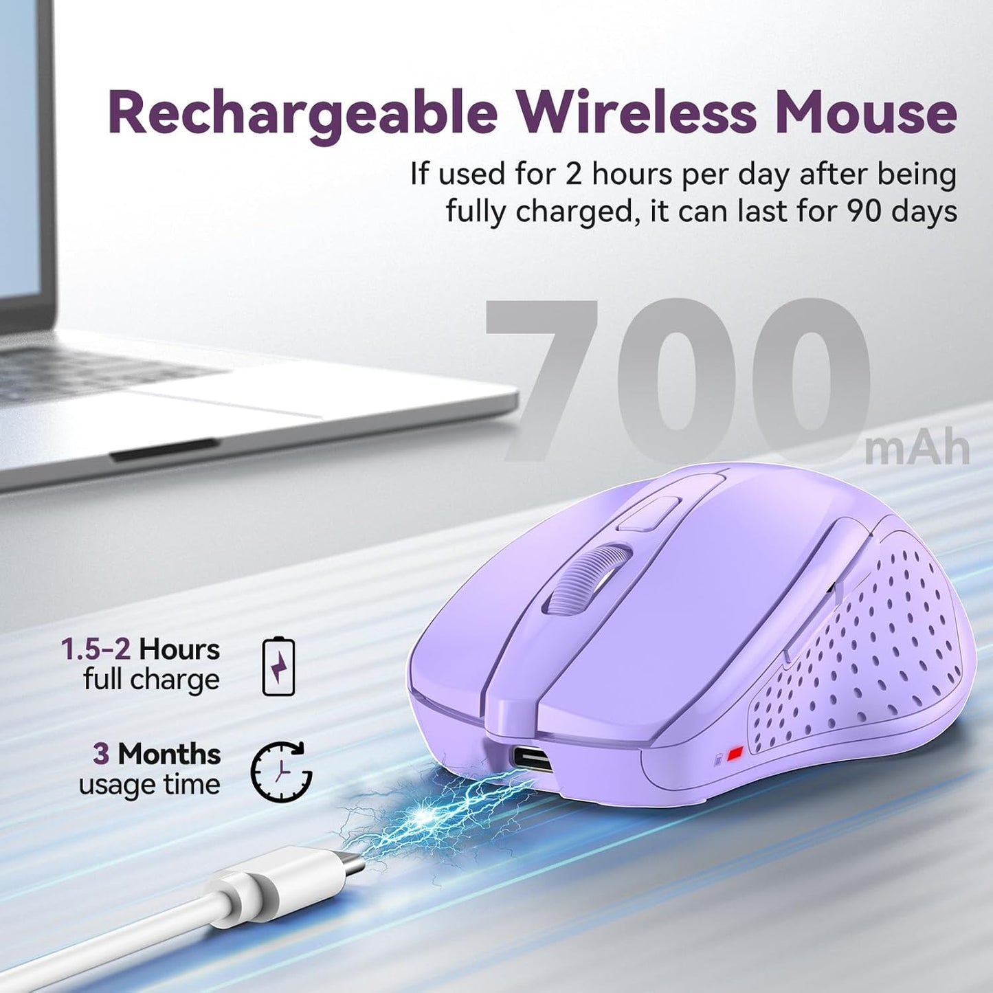 Bluetooth Mouse (BT5.0/3.0 & 2.4G) Rechargeable Wireless Mouse, 4800 DPI Optical Tracking, 6 Adjustable DPI, 2.4GHz with USB A Receiver, Quiet Clicks, Ergonomic Grips, 6 Buttons - Lavender