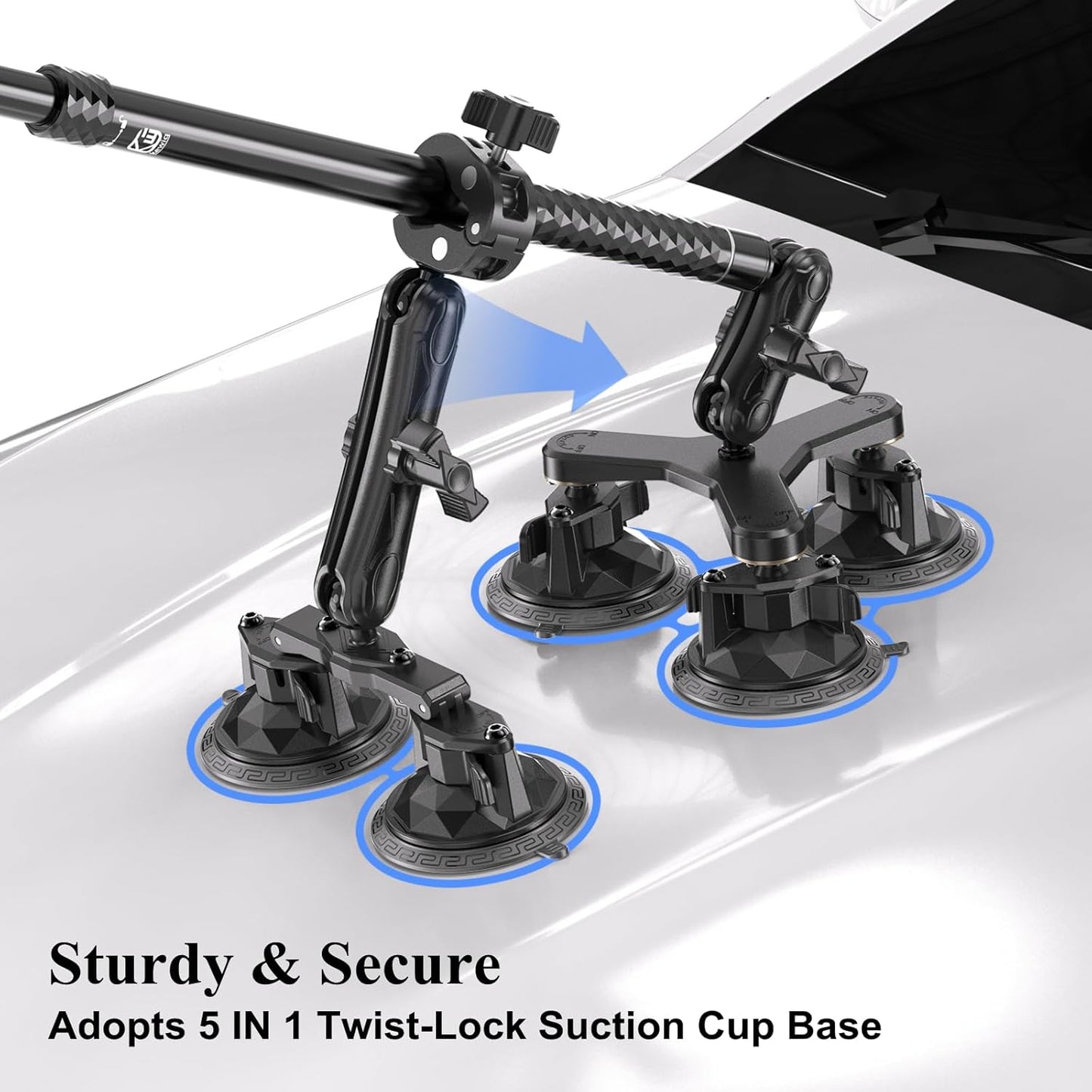 BRCOVAN Suction Cup Car Camera Mount Kit with Metal Extendable Selfie Stick, Dual Aluminum Alloy Arm, with Action Camera Adapter & 1/4"-20 Camera Thread, with Flagpole Accessories
