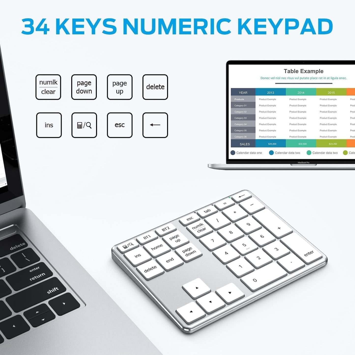 iClever KP10 Bluetooth Number Pad, Dual Device Connection, 34 Keys Ultra-Slim for Mac/Windows/iPad, USB-C Rechargeable, Quiet Keys, Excel Accounting Numpad with Long Battery Life