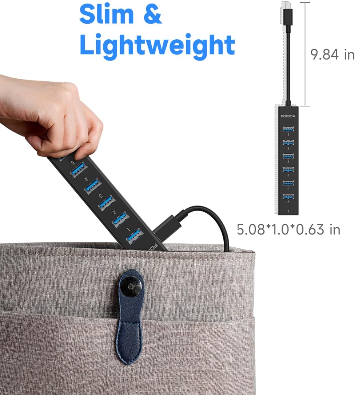 FORIDA USB C Hub-8 Port USB HUB with 7 USB3.0 Data Ports,Aluminum Alloy USBC Splitter with Type C 5V/3A Power Port Compatible with MacBook, iPad, Surface Pro, XPS, Laptop,PC (Black,USB C-9.8in)