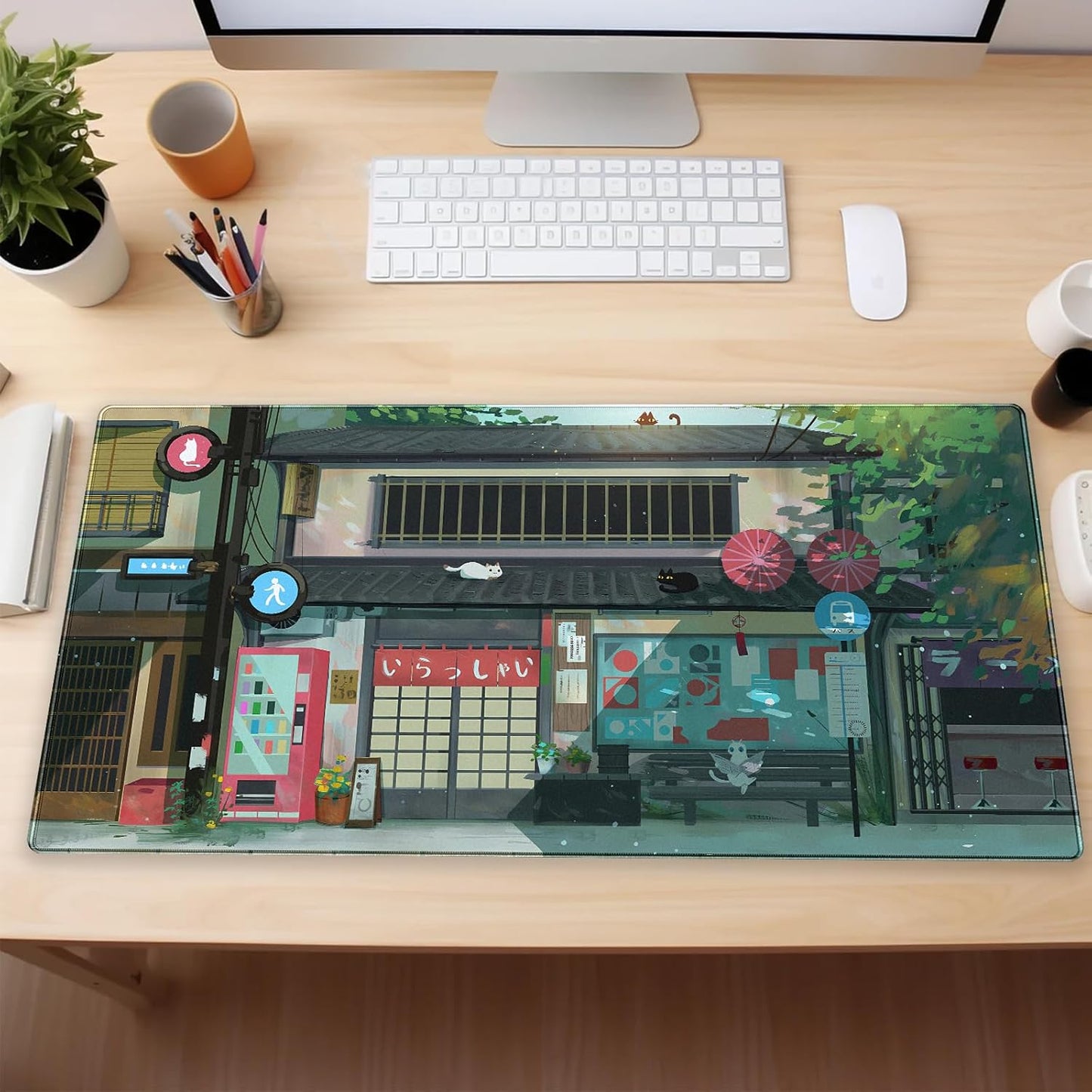 Kawaii Anime Cat Gaming Desk Mat Pad XL Large Mouse Pad (31.5"x15.7") Mouse & Keyboard Desk Pad with Stitched Edge, Vibrant Green Design for Home Office & Computer Gaming Setup