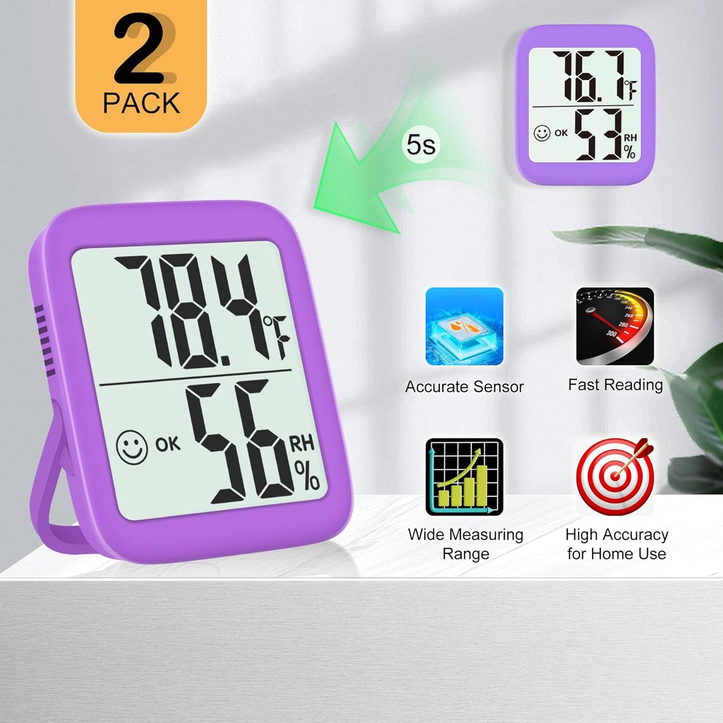 Antonki 2 Pack Room Thermometer for Home, Indoor Hygrometer Humidity Meter Gauge, Digital Temperature and Humidity Sensor Monitor for House, Terrarium, Incubator, Greenhouse - Battery Included