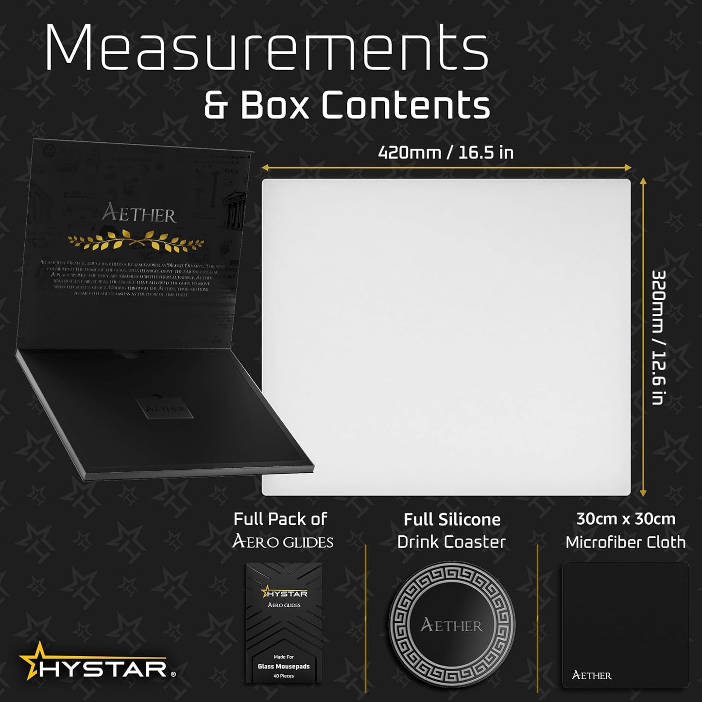 Hystar Aether Glass Gaming Mousepad | Micro-Etched Tempered Glass | Quiet, Ultra-Fast Glide | Full Anti-Slip Silicone Backing (White, Large)