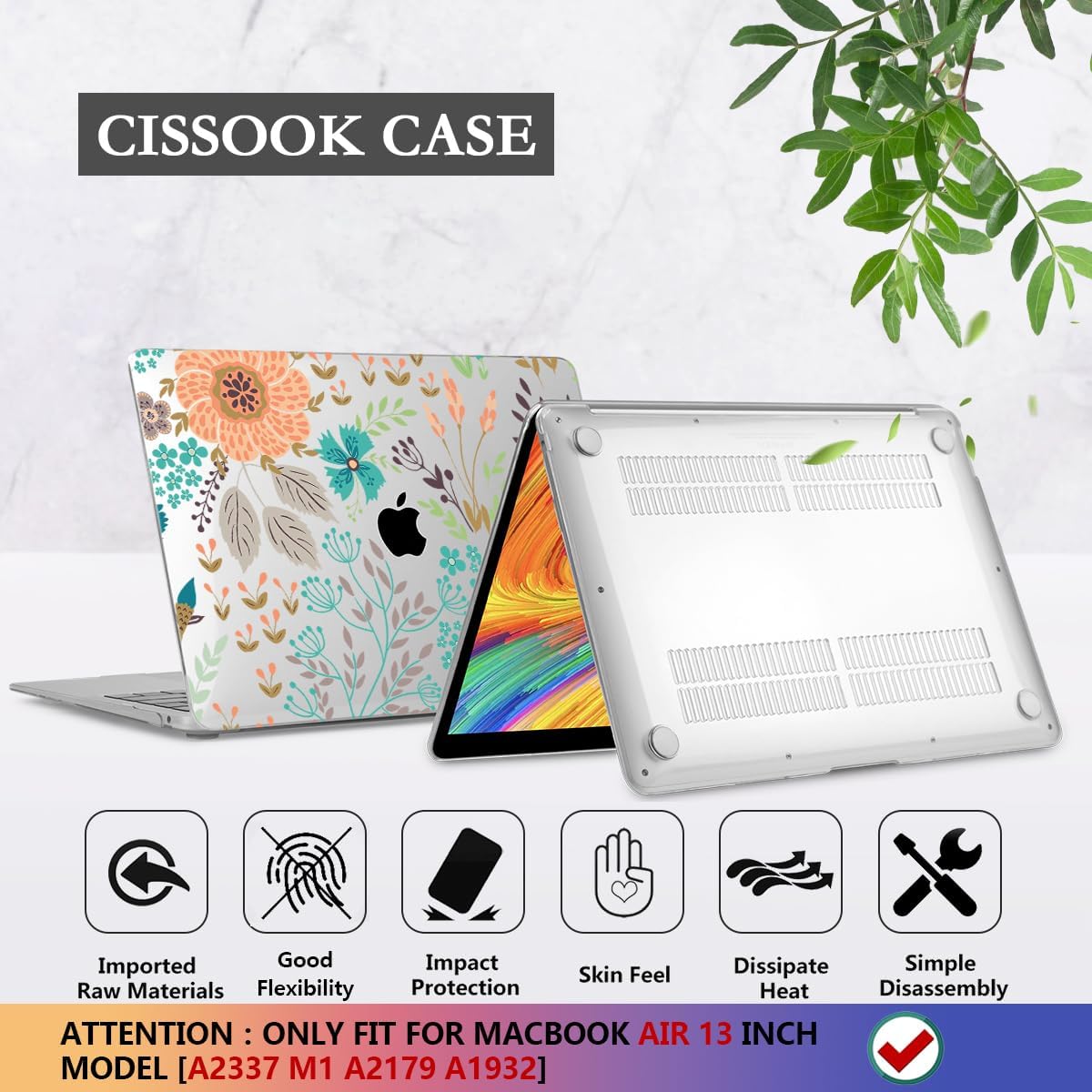 CISSOOK Case for MacBook Air 13 inch 2021 2020 2019 2018 Release Model A2337 M1 A2179 A1932, Orange Flowers Hard Shell Case with Keyboard Cover + Screen Protector for MacBook Air 13" with Touch ID