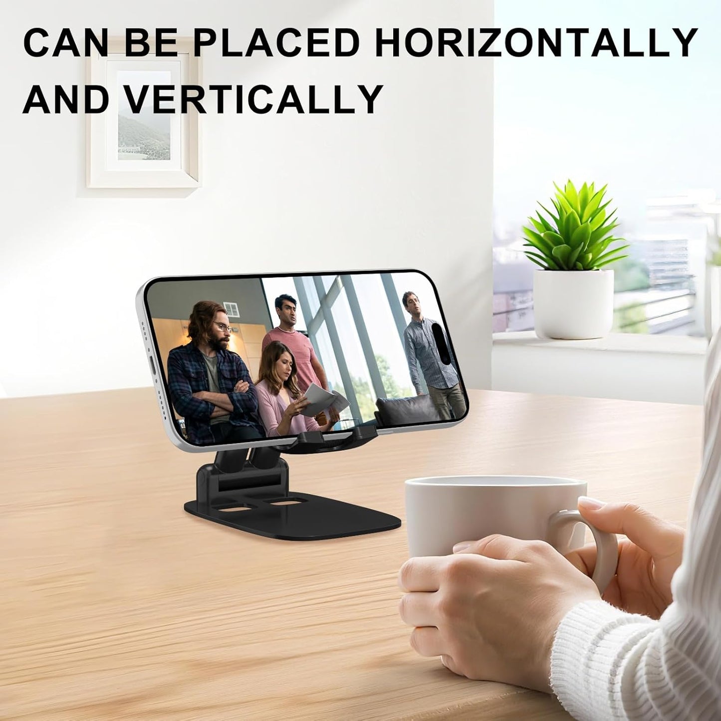 DEERLAMN Cell Phone Stand for Desk, Height Adjustable Cell Phone Holder Portable Desktop Stand, Travel Home Office Desk Accessories Compatible with iPhone 16/15/14/13/12/11 All Smartphone - Black